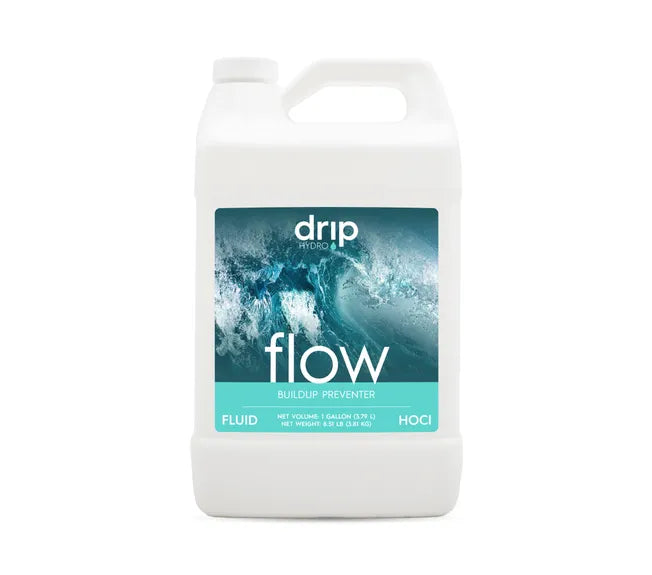 Drip Hydro Flow buildup preventer fluid in a white gallon jug with a label featuring a wave.