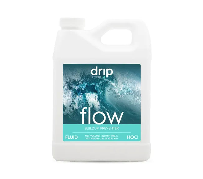 Drip Hydro Flow Quart: White jug with blue wave graphic and "flow buildup preventer" text.