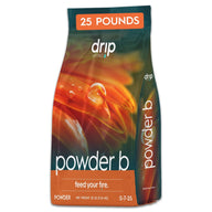 Drip Hydro Powder B 25 lbs bag with orange flower, water drop. Feed your fire.