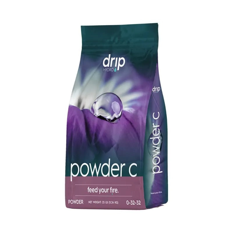 Drip Hydro Powder C 25 lbs bag with purple floral design and a water droplet.