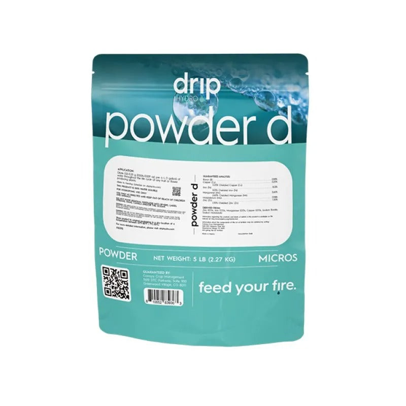 Drip Hydro Powder D 5lb bag, turquoise packaging with text and ingredient list.