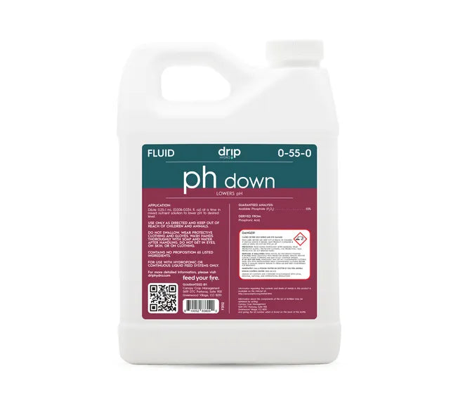 White jug of Drip Hydro pH Down plant nutrient, lowers pH.