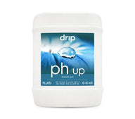 White 5-gallon jug of Drip Hydro pH Up fluid with a blue label featuring a water droplet on a blue flower.