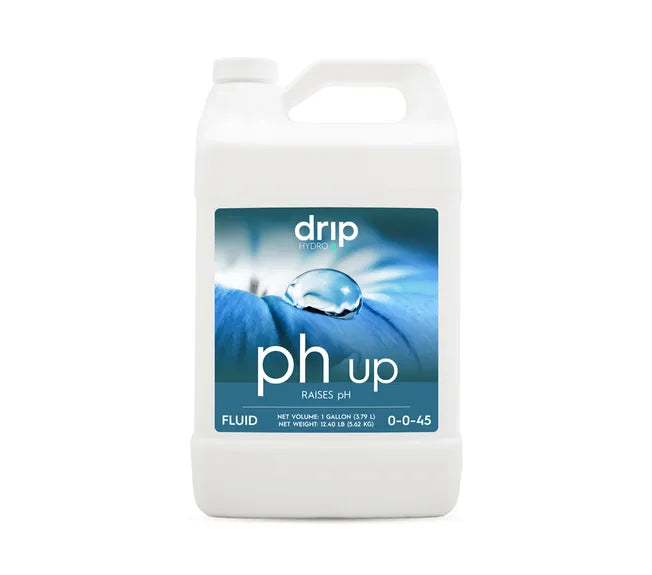Drip Hydro pH Up gallon jug with a water droplet on a blue petal.