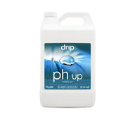 Drip Hydro pH Up gallon jug with a water droplet on a blue petal.