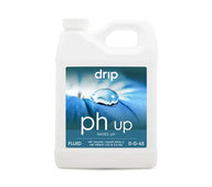 White gallon jug of Drip Hydro pH Up fluid with a blue petal and water drop graphic.