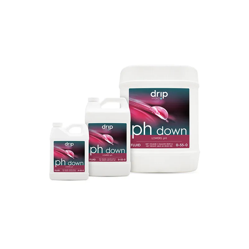 Three bottles of Drip Hydro pH Down, two smaller and one larger, with pink accents on the labels and product name.