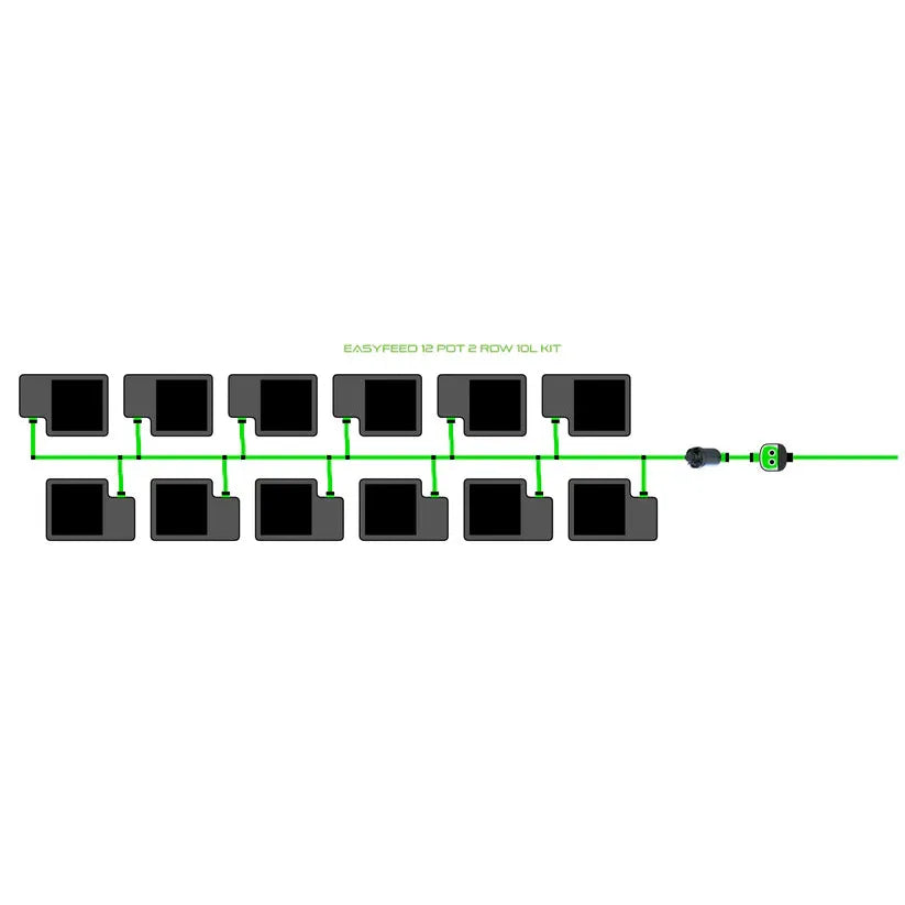 Diagram of an EASYFEED 12 pot, 2 row, 10L irrigation system kit with black pots and green tubing.