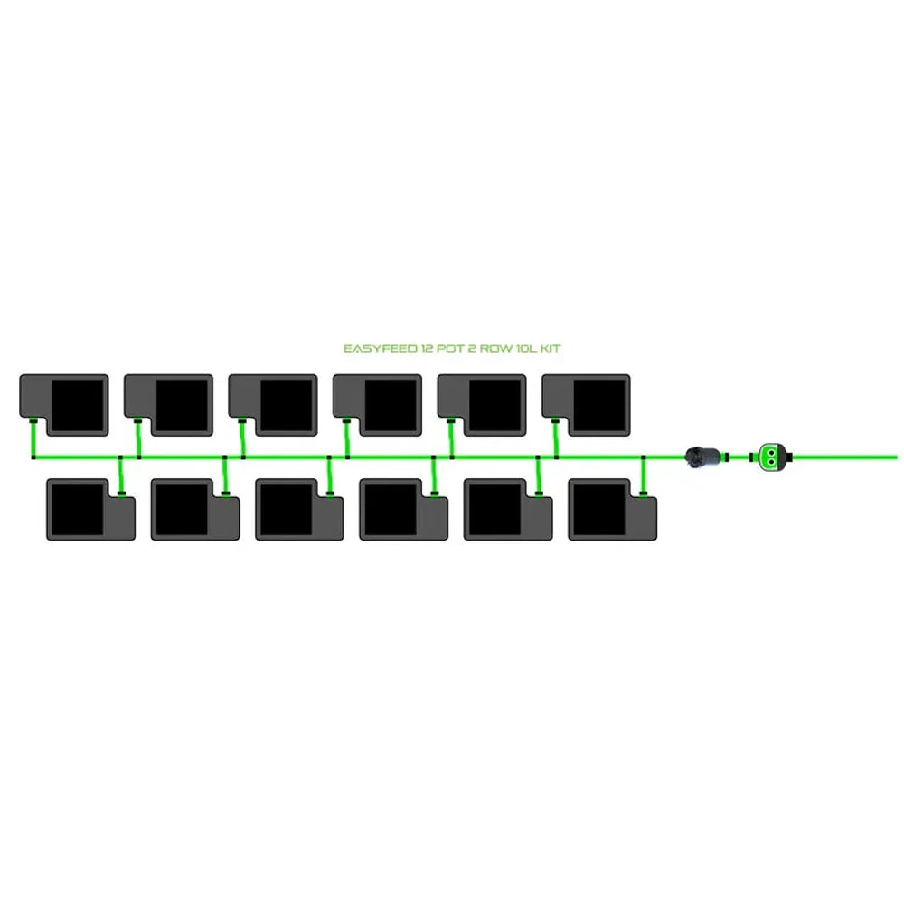 Diagram of an EASYFEED 12 pot, 2 row, 10L irrigation system kit with black pots and green tubing.