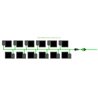 Diagram of an EASYFEED 12 pot, 2 row, 10L irrigation system kit with black pots and green tubing.