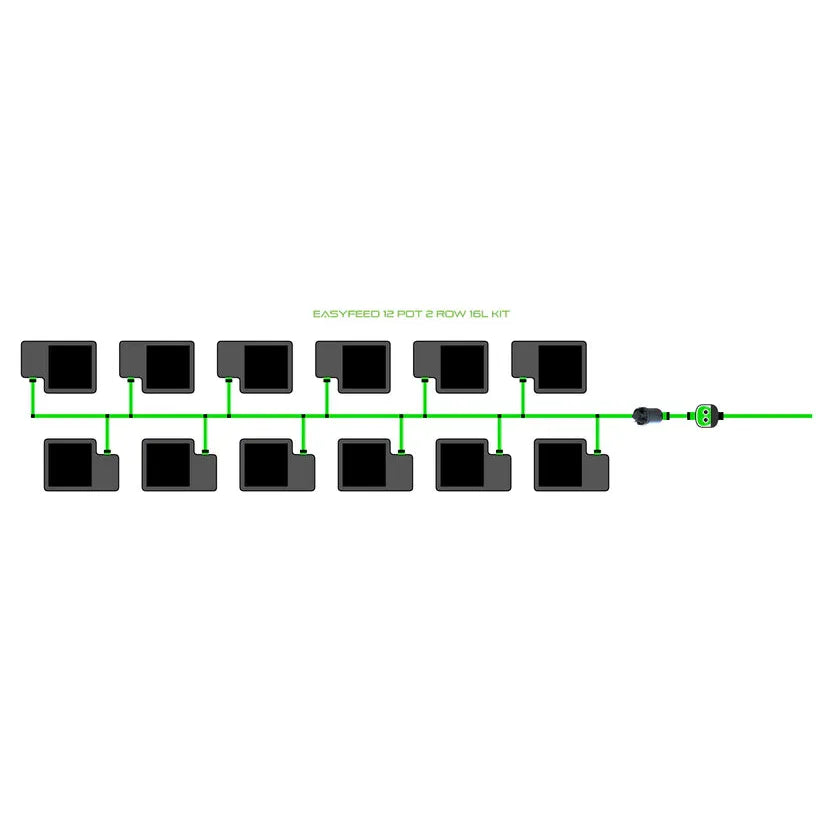 EASYFEED 12 POT 2 ROW 16L KIT diagram: 12 gray pots in two rows connected by green irrigation lines.