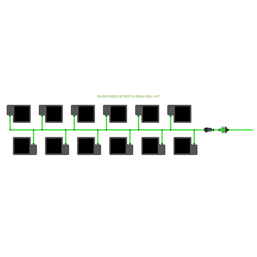EASYFEED 12 pot 2 row 22L kit diagram featuring black plant pots connected by green irrigation lines.