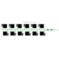EASYFEED 12 pot 2 row 22L kit diagram featuring black plant pots connected by green irrigation lines.