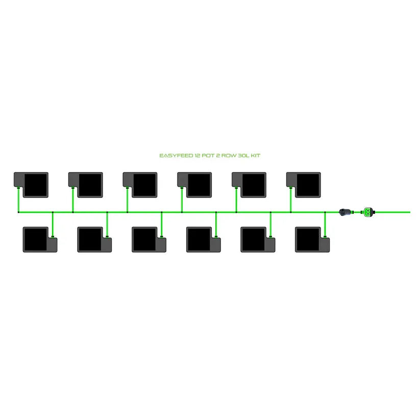 EASYFEED 12-pot, 2-row, 30L irrigation kit diagram with black square pots and green water lines.