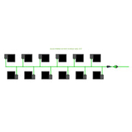 EASYFEED 12-pot, 2-row, 30L irrigation kit diagram with black square pots and green water lines.