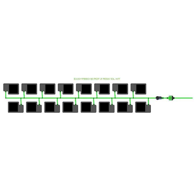 EASYFEED 16 Pot 2 Row 10L Kit irrigation system diagram with 16 dark square pots connected by green tubing.