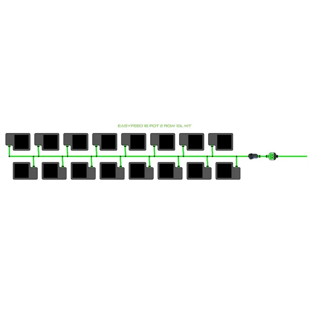 EASYFEED 16 Pot 2 Row 10L Kit irrigation system diagram with 16 dark square pots connected by green tubing.