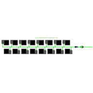 EASYFEED 16 Pot 2 Row 10L Kit irrigation system diagram with 16 dark square pots connected by green tubing.
