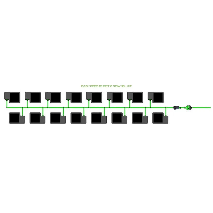 EASYFEED 16 POT 2 ROW 16L KIT diagram: 16 black square pots in two rows connected by green tubing.