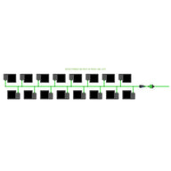 EASYFEED 16 POT 2 ROW 16L KIT diagram: 16 black square pots in two rows connected by green tubing.