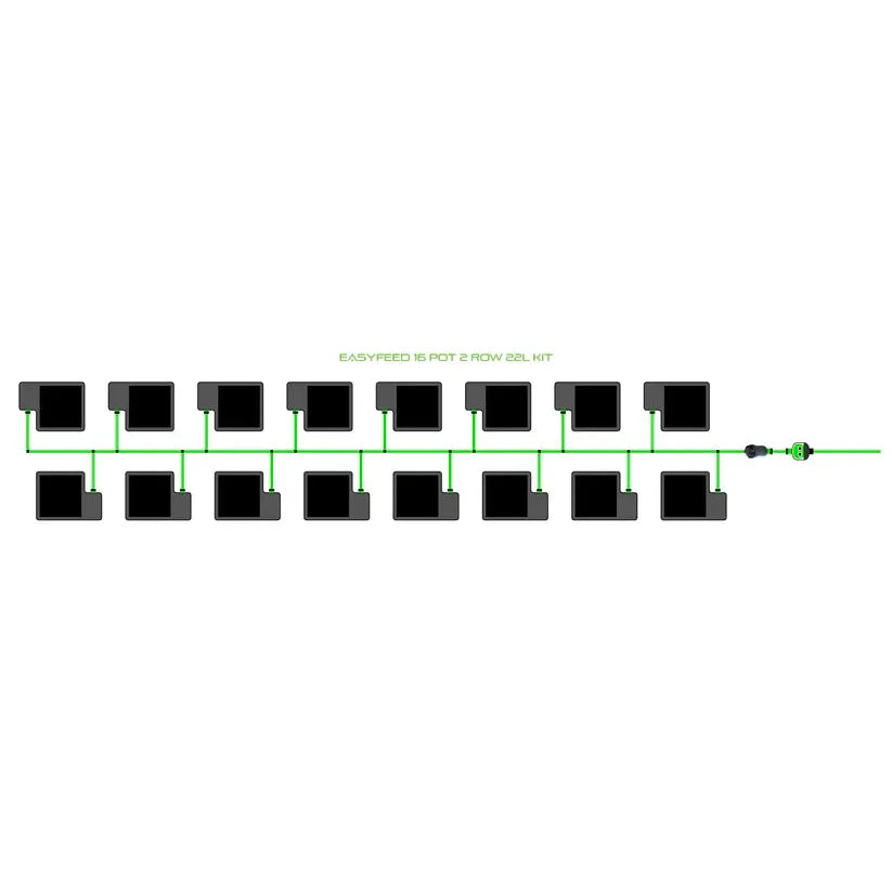 EASYFEED 16-pot, 2-row, 22L hydroponic grow kit layout featuring square containers and green irrigation lines.
