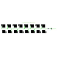 EASYFEED 16-pot, 2-row, 22L hydroponic grow kit layout featuring square containers and green irrigation lines.