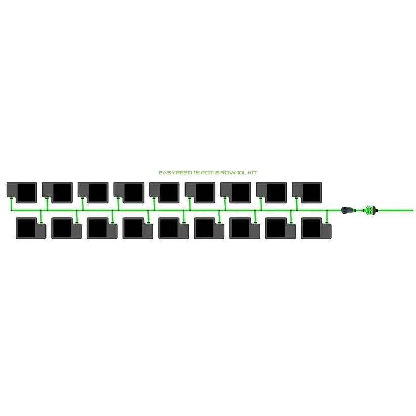 Easyfeed 16-pot 2-row 10L kit diagram: black pots connected by green irrigation lines.