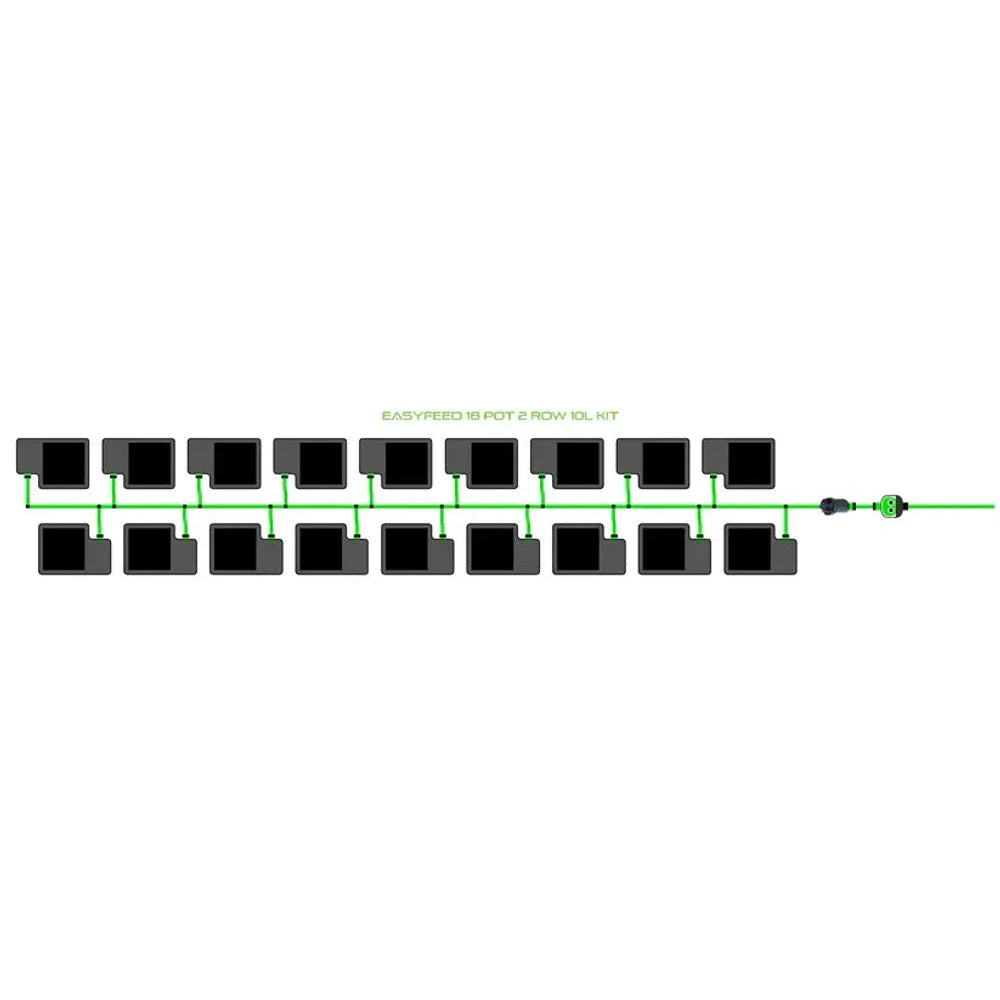 Easyfeed 16-pot 2-row 10L kit diagram: black pots connected by green irrigation lines.