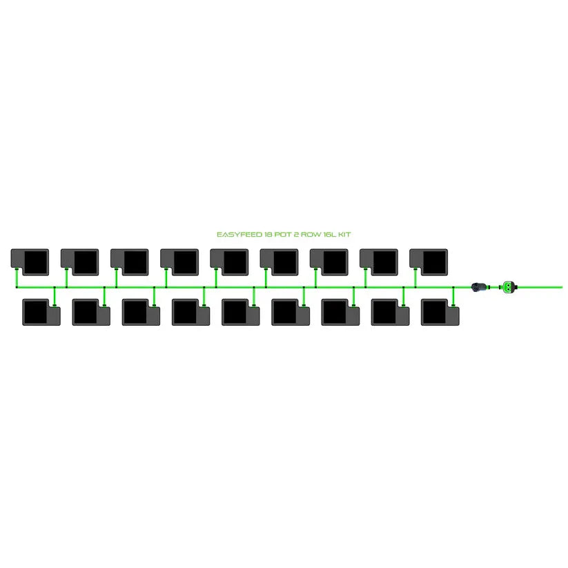 EASYFEED 18 Pot 2 Row 16L Kit for hydroponics. Shows 18 black plant pots in two rows with green irrigation lines.
