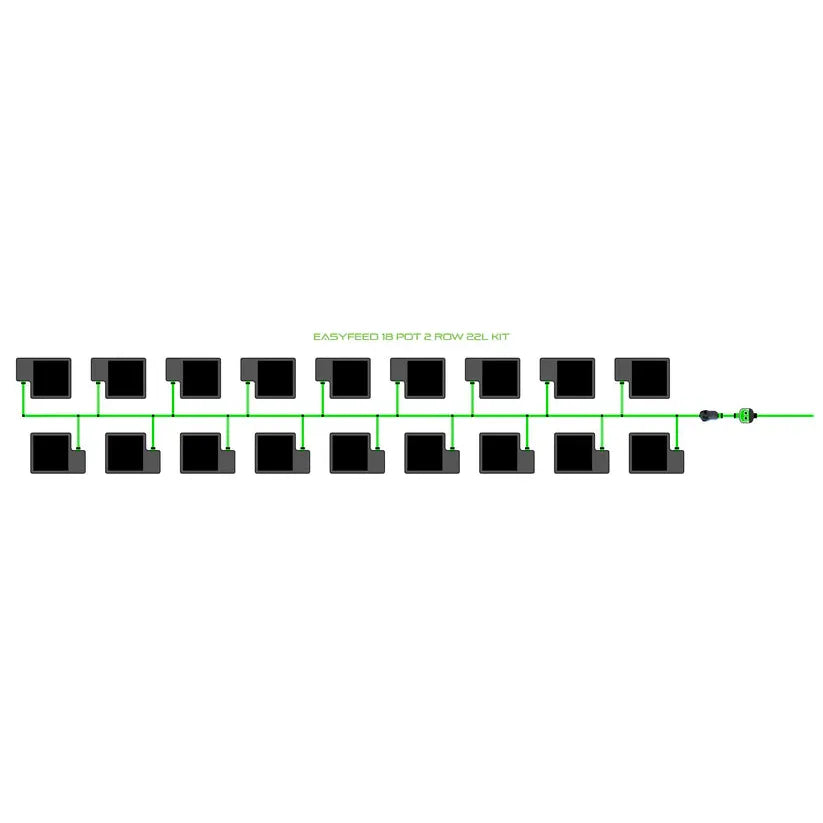 EASYFEED 18 Pot 2 Row 22L Kit diagram: 18 black square pots connected by green irrigation lines in two rows.