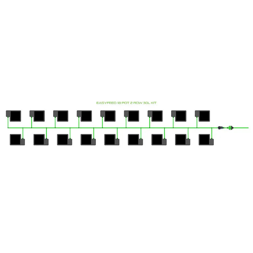 Diagram of an Easyfeed 18 pot, 2 row, 30L hydroponic kit with black square pots and green tubing.