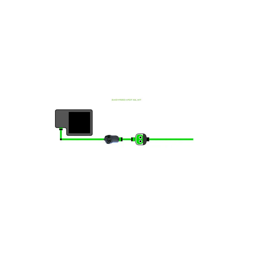 EASYFEED 1 POT 10L KIT diagram with black controller, pump, green splitter, and connecting tubing on a white background.