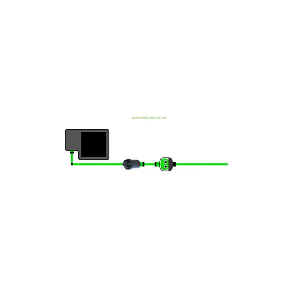 EASYFEED 1 POT 10L KIT diagram with black controller, pump, green splitter, and connecting tubing on a white background.
