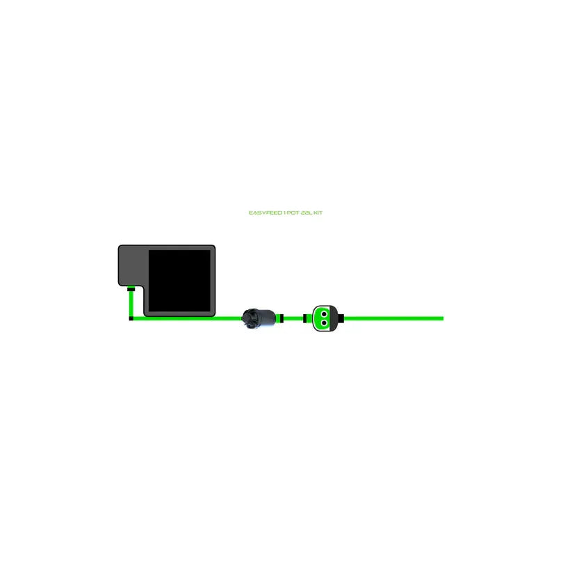 EASYFEED 1 POT 20L KIT diagram depicting a black reservoir, green irrigation tubing, and inline water distribution components.