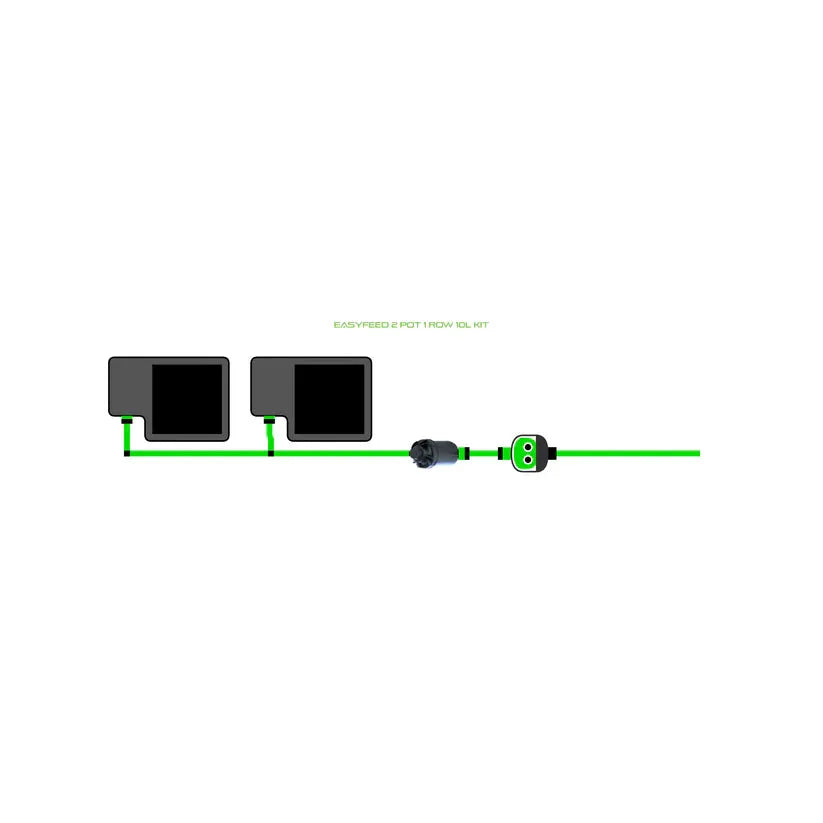 EasyFeed 2 pot 1 row 10L hydroponic irrigation kit diagram. Two square plant containers, green tubing, black valve, and connector.