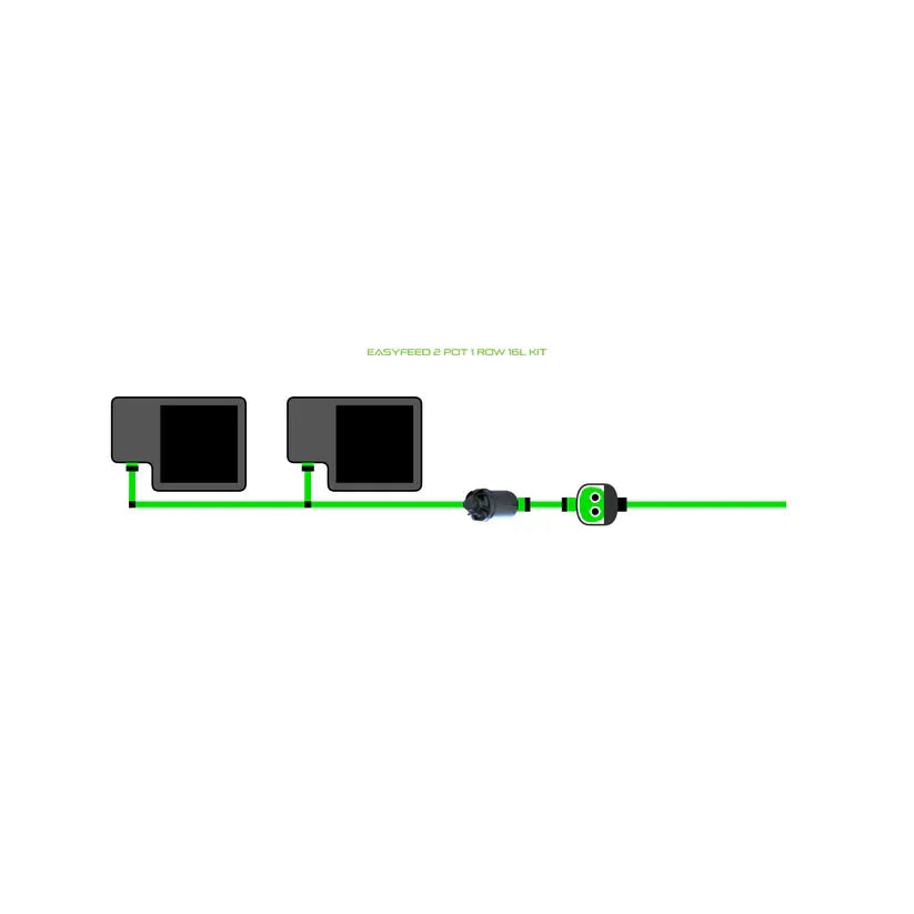 EASYFEED 2 Pot 1 Row 16L Kit diagram showing two dark pots connected by green tubing and inline connectors.
