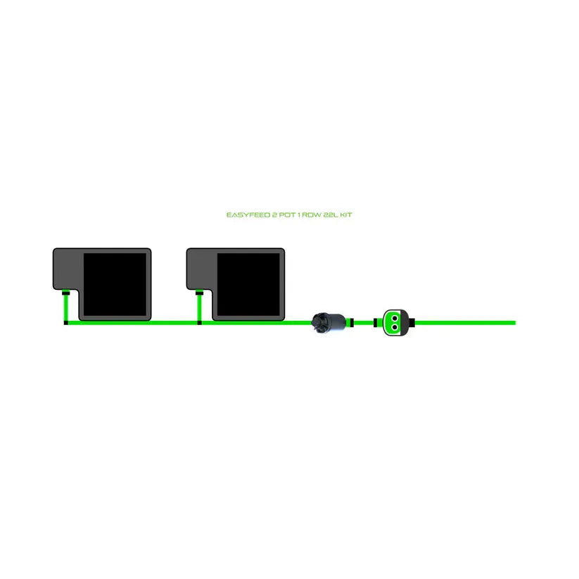 EASYFEED 2 POT 1 ROW 22L KIT irrigation system: two dark square pots, green tubing, and black connectors.