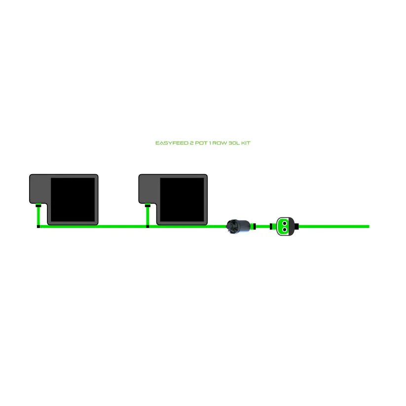 EasyFeed 2 Pot 1 Row 30L plant irrigation kit diagram: two black pots, green tubing, filter, and control unit.
