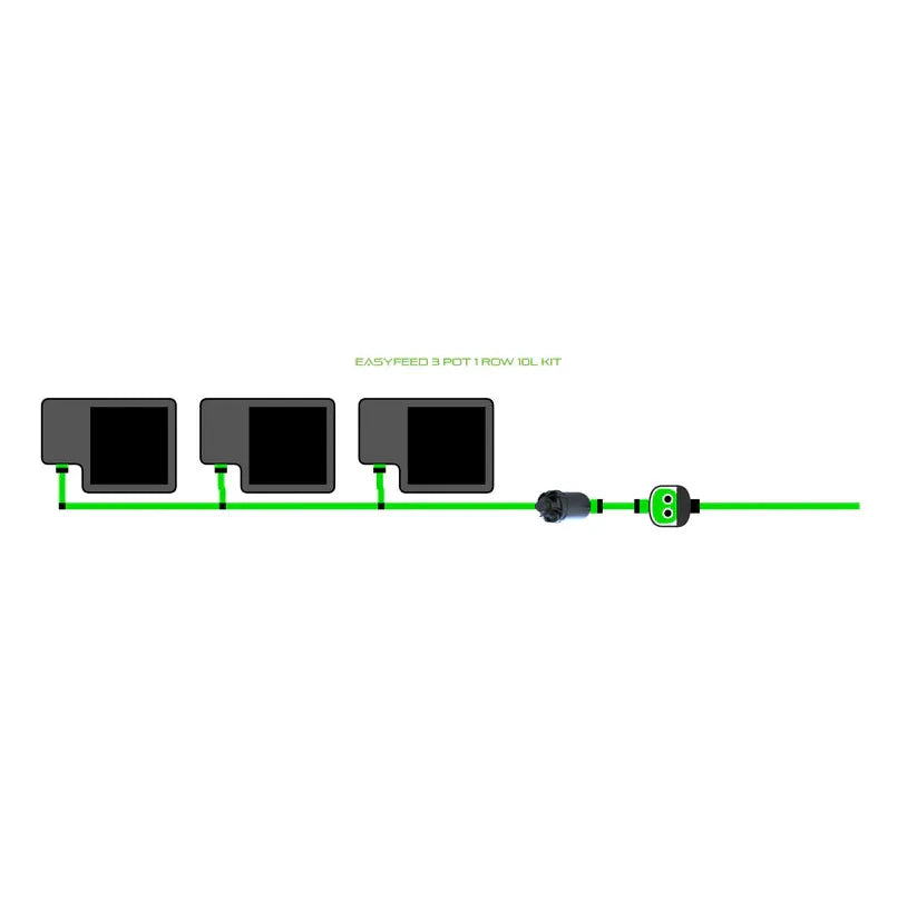 EASYFEED 3 POT 1 ROW 10L KIT irrigation system diagram with three dark pots connected by green tubing and connectors.