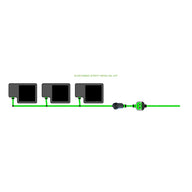 EASYFEED 3 POT 1 ROW 10L KIT irrigation system diagram with three dark pots connected by green tubing and connectors.