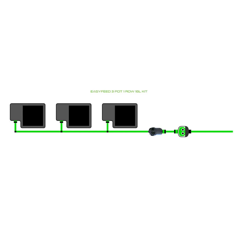 EASYFEED 3 pot 1 row 16L kit diagram with three dark pots, green tubing, black valve, and green regulator.