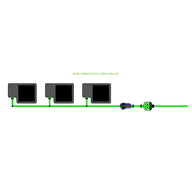 EASYFEED 3 pot 1 row 16L kit diagram with three dark pots, green tubing, black valve, and green regulator.