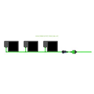 EasyFeed 3 Pot 1 Row 22L Kit diagram: three black pots linked by green irrigation tubing, pump, and controller.