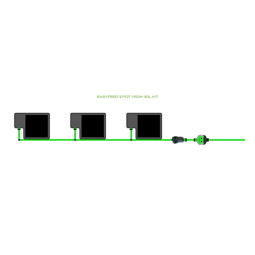 Easyfeed 3 Pot 1 Row 30L Kit diagram: three black pots connected by a green irrigation line and fittings.