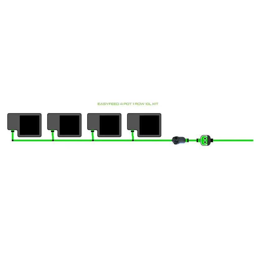 EASYFEED 4 pot 1 row 10L kit. Hydroponic irrigation system with four square pots, green tubes, filter, and controller.