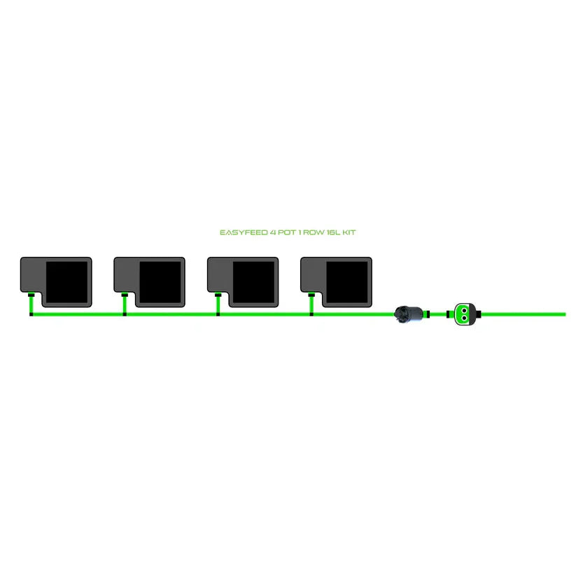 EASYFEED 4 POT 1 ROW 16L KIT hydroponic system with four black pots, green tubing, and connectors on white.
