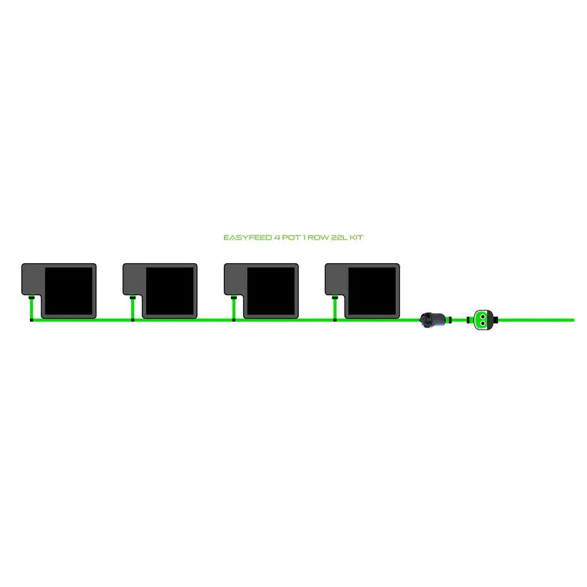 EASYFEED 4 pot 1 row 22L kit with four black square pots connected by green tubing and irrigation components.