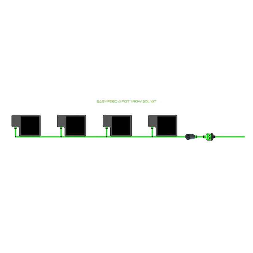 EASYFEED 4 pot, 1-row, 30L kit with four black rectangular pots and green irrigation tubing on white.