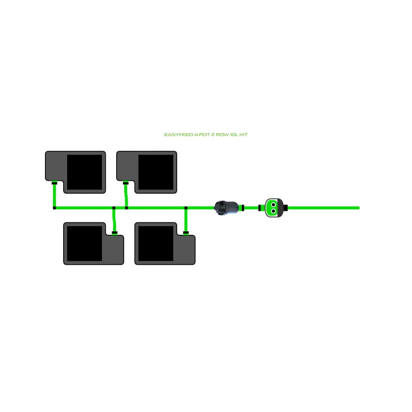 Diagram of EASYFEED 4 POT 2 ROW 10L KIT: 4 gray pots connected by green irrigation lines, a pump, and a timer.