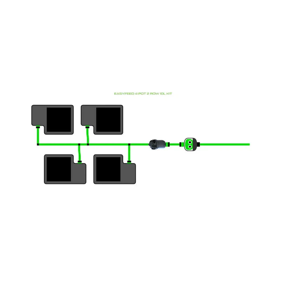 Diagram of EASYFEED 4 POT 2 ROW 10L KIT: 4 gray pots connected by green irrigation lines, a pump, and a timer.
